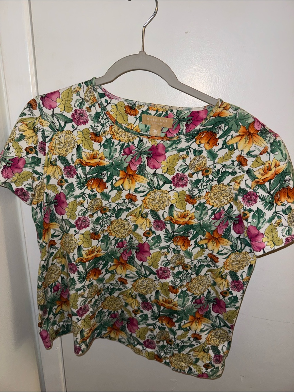 Vintage Kate Hill Cotton Floral Short Sleeve Tee with Yellow & Pink Blooms